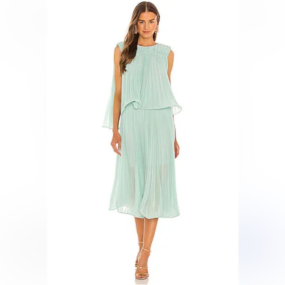 AMUR Arlette Dress in Soft Sage pleated midi sheer trapeze swing Revolve $598 6